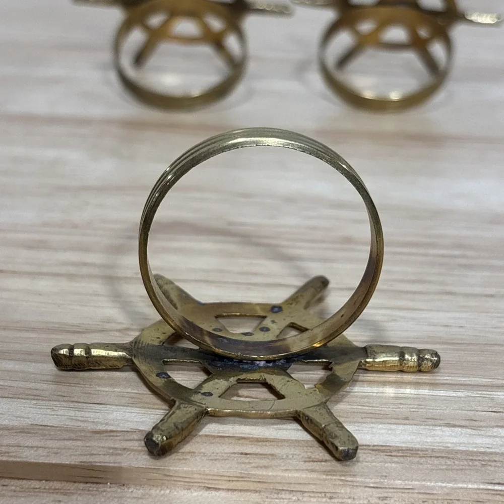 6 Brass Metal Ship Wheel Napkin Rings Nautical Decorative Table Decor Gold Tone